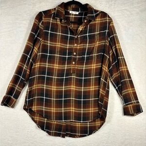 beachlunchlounge Gold/Black/Red Plaid Flannel Button Down Shirt Sz Medium Tunic